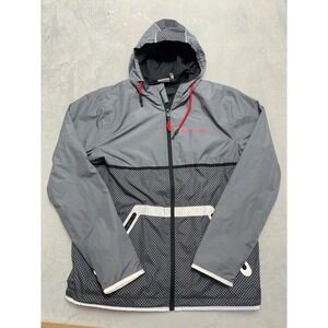 Grey Mesh Panel Hooded Full Zip Windbreaker Rain Jacket Outdoor Coat